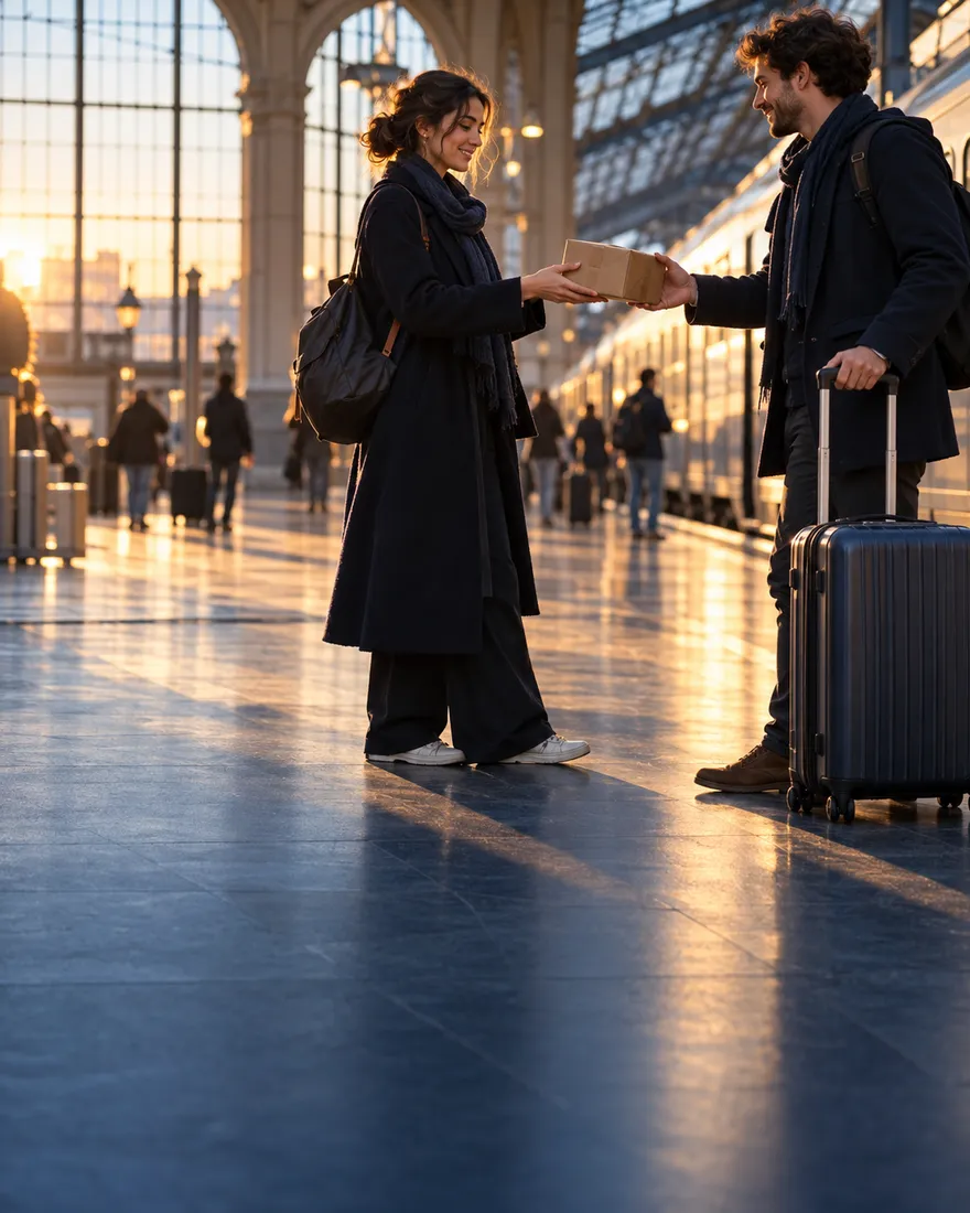 Visuel illustratif : deux voyageurs échangent un colis dans une gare.